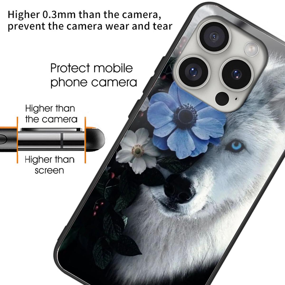 

For iPhone 16 Pro Case Pattern Printing Tempered Glass Back TPU Phone Cover Wolf