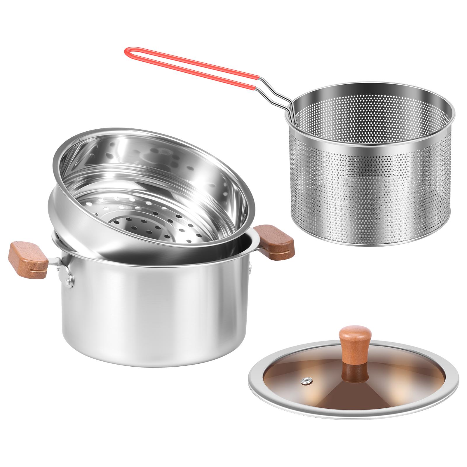 

Deep Fryer Pot Stainless Steel Steamer Pot and Mesh Basket 2.5 L Stock Pot with Lid and Handle for Gas Stove Induction серебряный