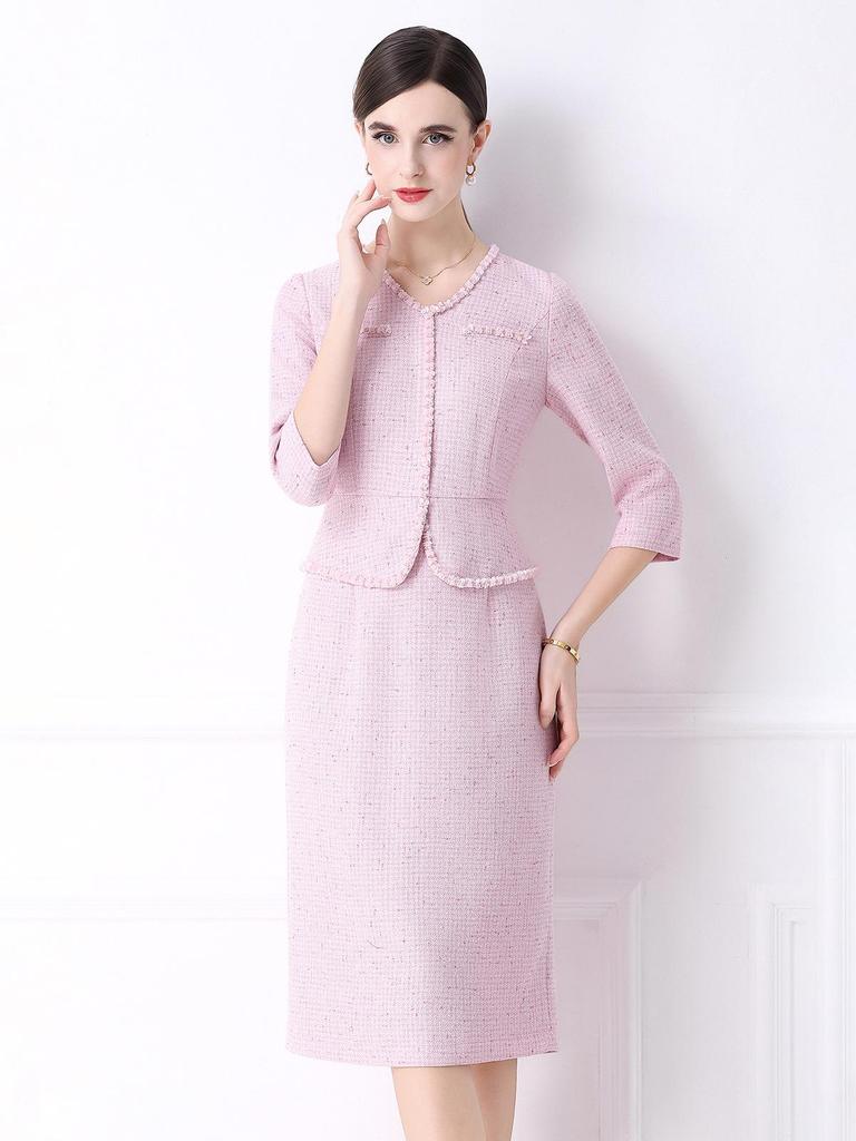 Elegant Spring Pink Beaded Dress - Faux Two-Piece Style
