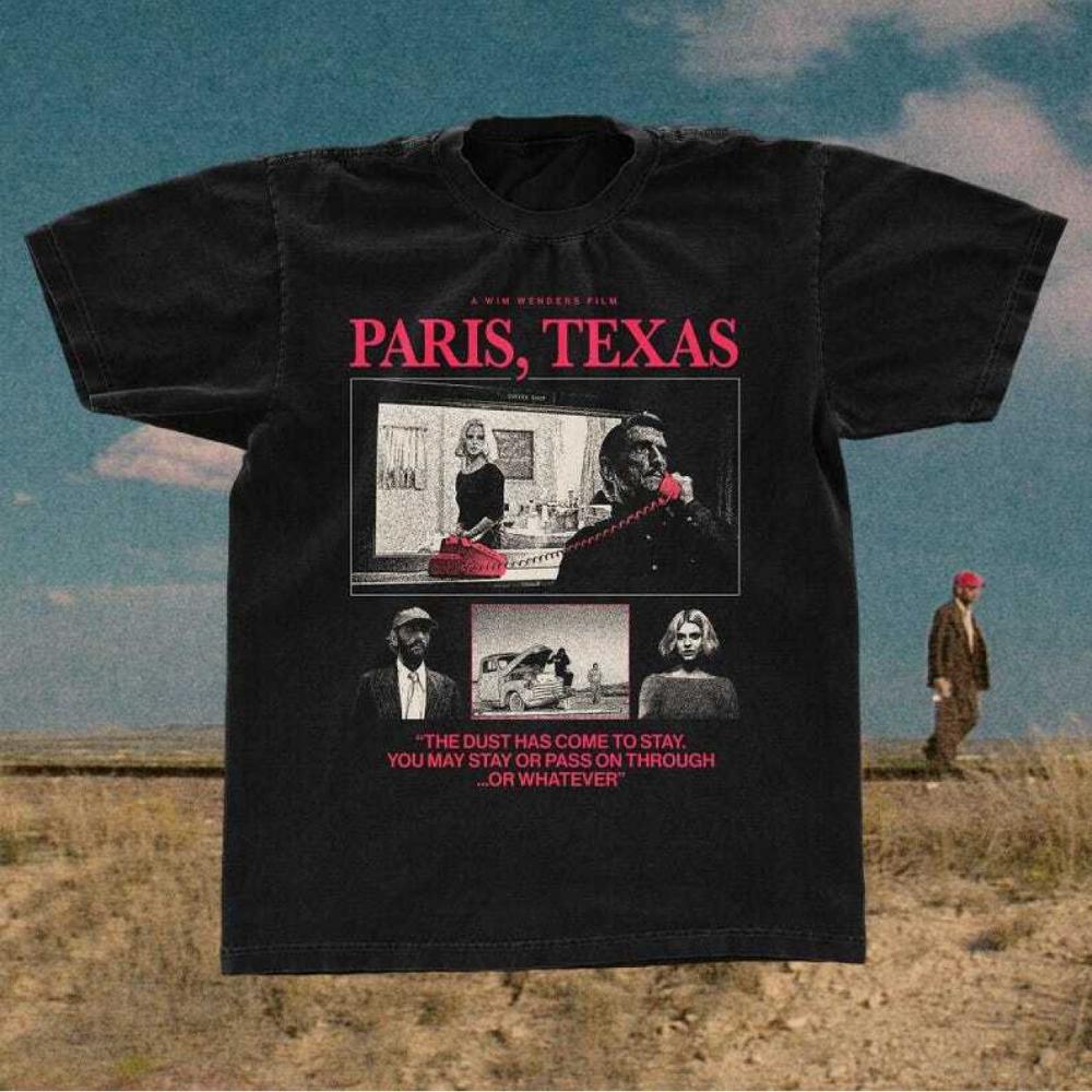 Paris Texas 1984 Movie TShirt Black Classic Tee with Vintage Parisian Street Scene Print Crew Neck NonStretch Fabric S