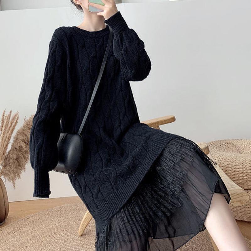 

Толстый мм кружевной пэчворк твист свитер юбка большой размер женская одежда осень и зима дизайнерский нишевый нежный ветер вязаное платье One size [recommended 80-150] чёрный