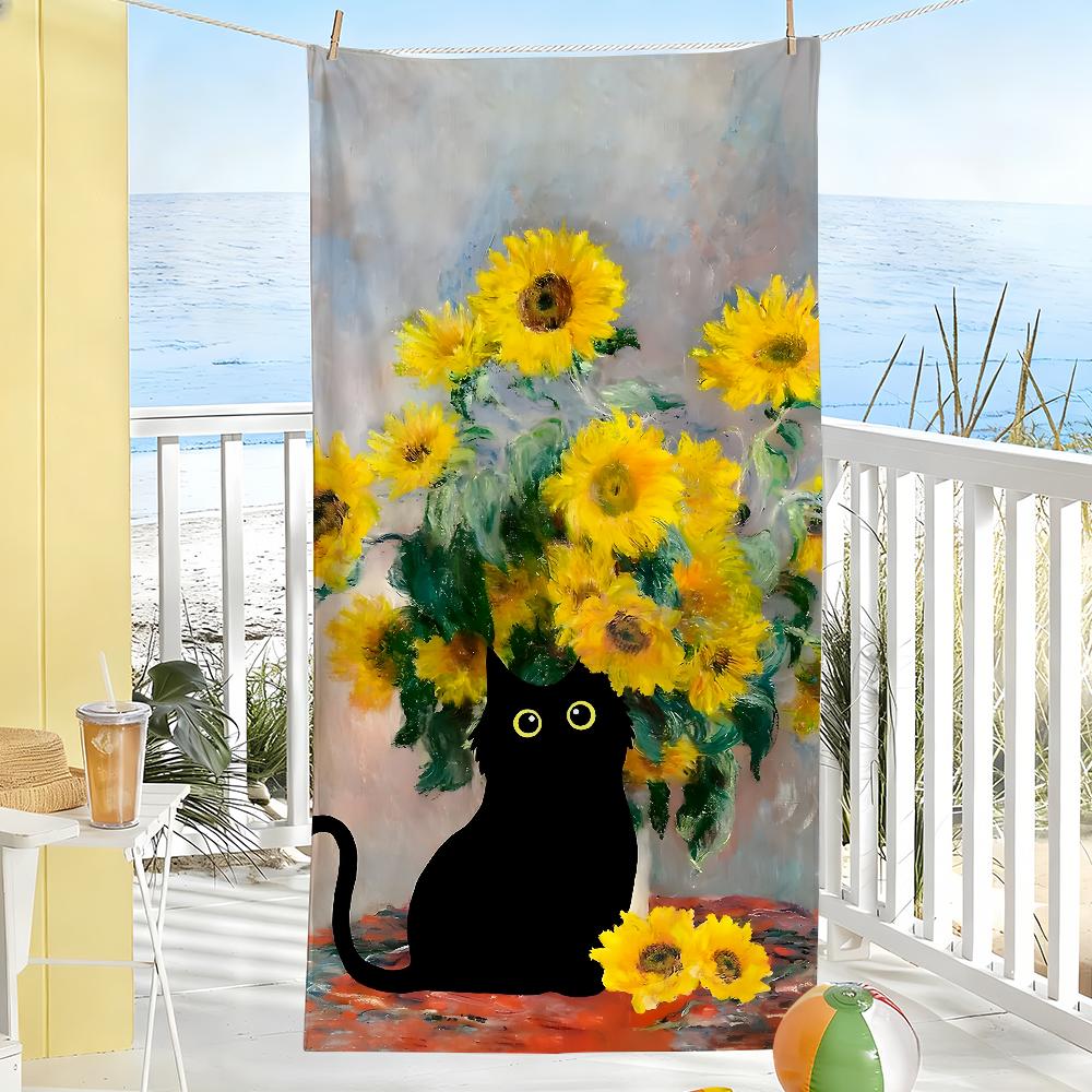 Art Black Cat In Flowers Garden Towel Soft Pool Gift For Travel Gym Shower Camping Quick Dry Sports Large Beach Towels