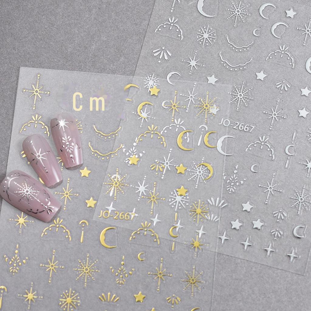 Gold & Silver Star and Moon Nail Art Stickers: Trendy Starburst Design
