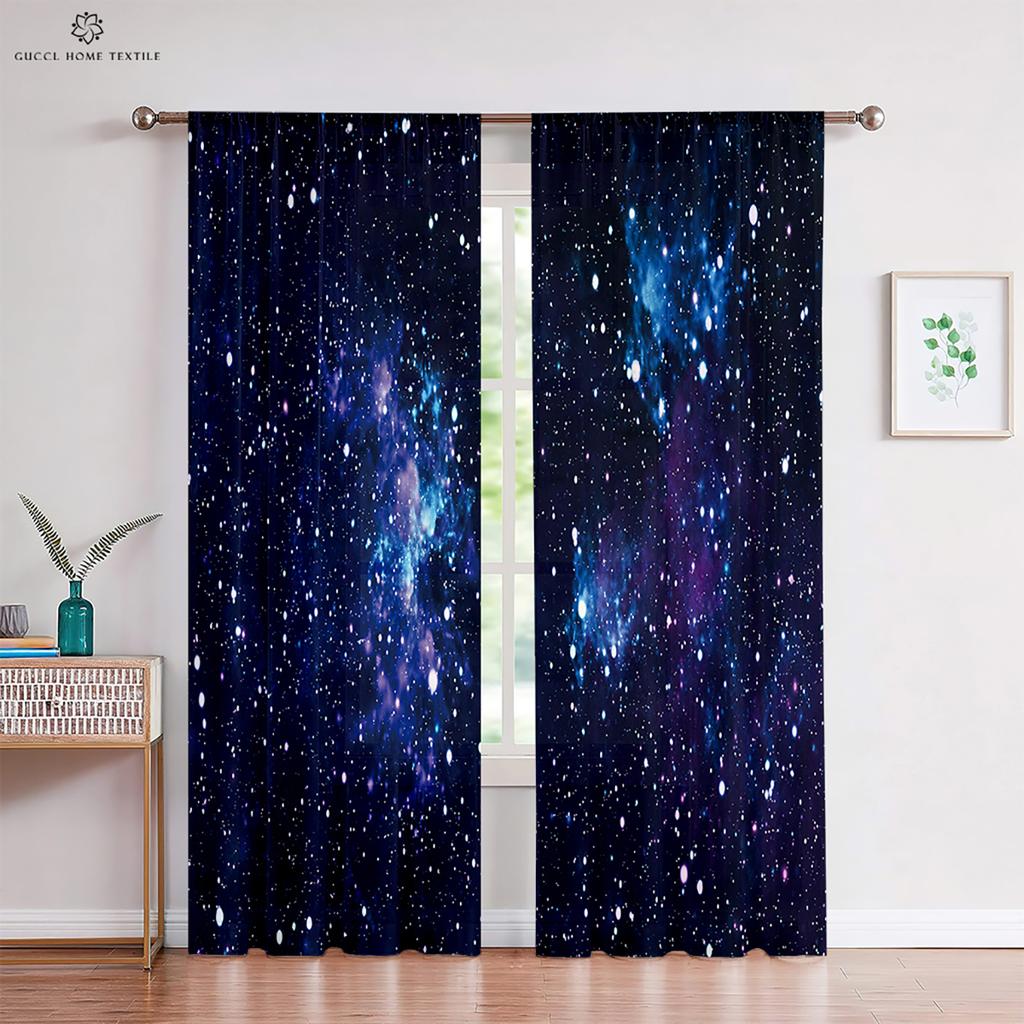 Vorhang mit Sternenhimmel-Landschaftsdruck, Stangentasche, Dekorativ, Schlafzimmer, Wohnzimmer, Arbeitszimmer, Maßanfertigung, 2 Stück