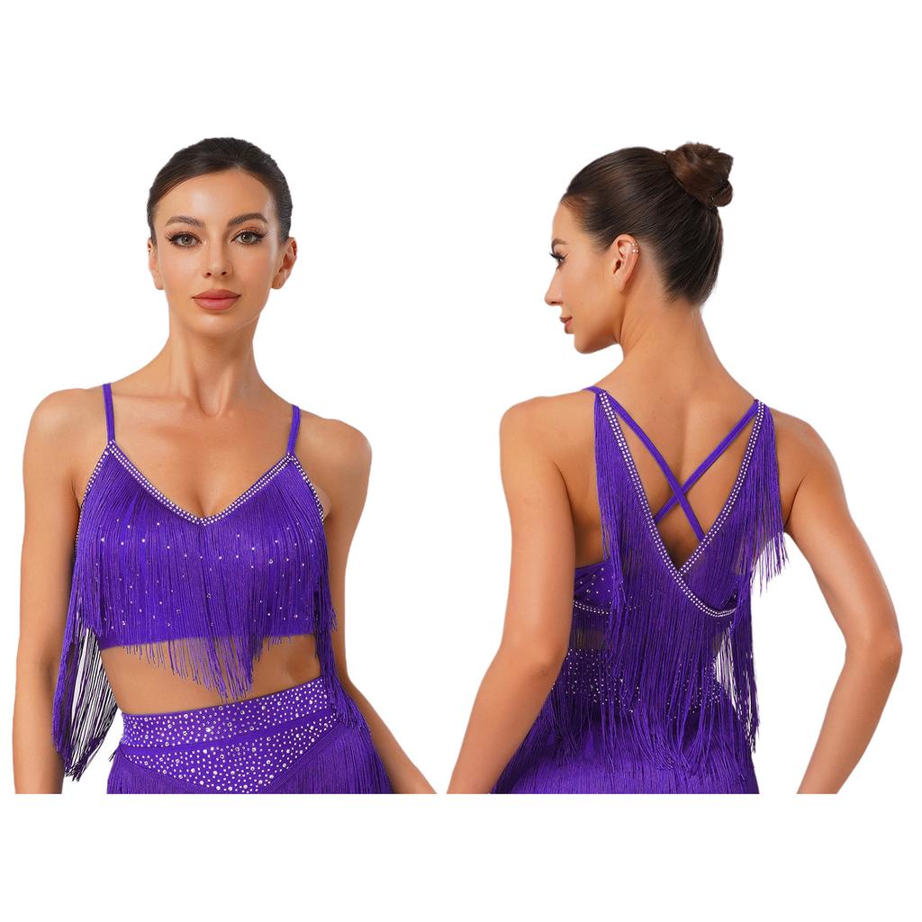 S-XXL Salsa Dance Top V Neck Sleeveless Open Back Fringe Detail for Latin Performance Competition Costume