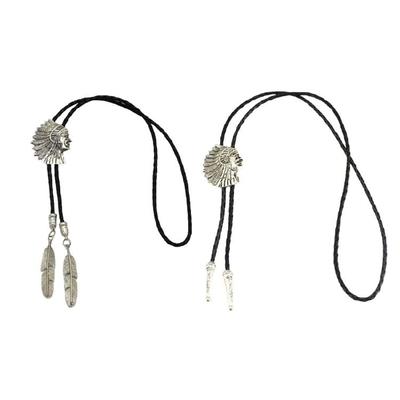 Western Cowboy Metal Indian Head Pendant Bolo Tie Leather Rope Necktie Necklace Metal Feathered Jewelry Unisex Neckwear