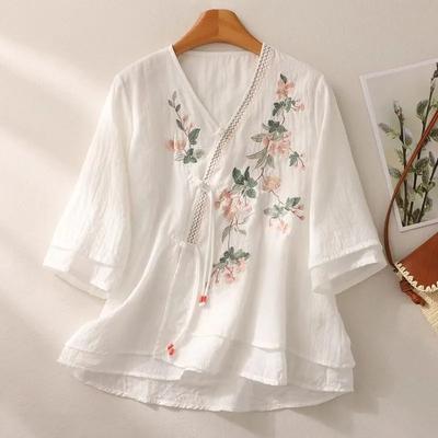Summer Chinese Style Literary Mid-sleeve Embroidered Slanted Cardigan Shirt for Women Chinese Style Retro Hanfu Splicing Pure Cotton Fake Two Pieces