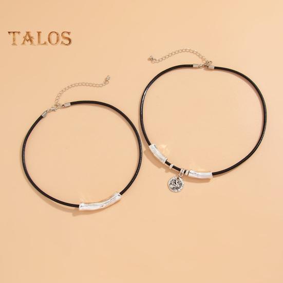 Vintage-Halsband aus Kunstleder mit Metallperlen, mehrlagig, geometrischer zylindrischer Anhänger, Halskette aus Legierung für Frauen und Männer, als Geschenk für den Alltag