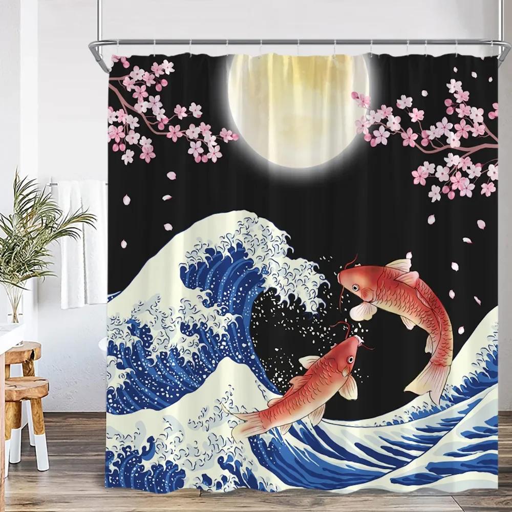 Japanese Style Shower Curtain Koi Cherry Blossom Bathroom Decorations Vintage Bathroom Bathtub Shower Curtain