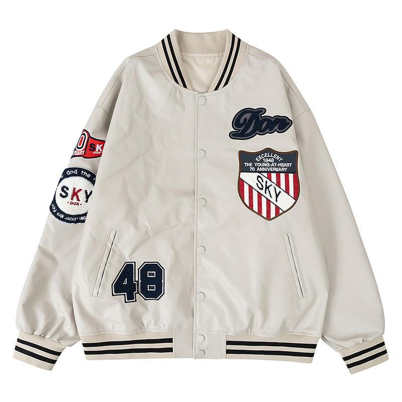Mens PU Leather Jacket American Motorcycle Suit Baseball Suit Bomber Fall/Winter Loose Embroidered PU Leather Jacket Cross