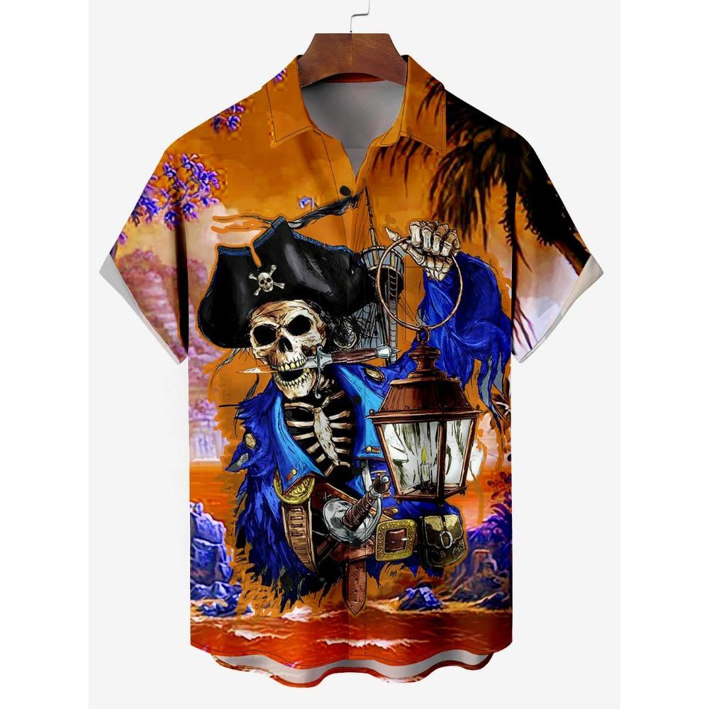 Men's Hawaiian Skeleton Pirate Captain Storm Sailing Cartoon Print Short Sleeve Shirt Summer Loose Beach For Boy