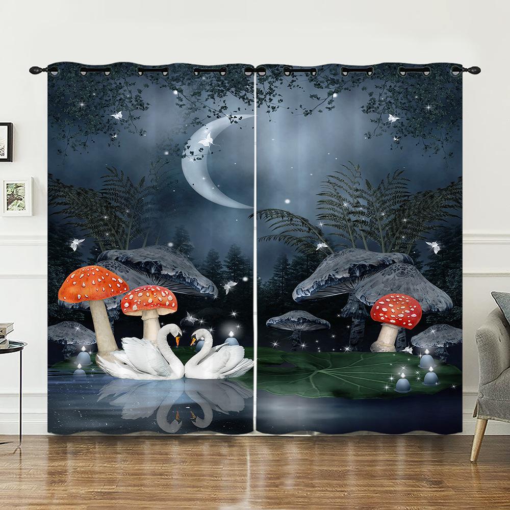 Curtain Mushroom 3D Sunshade Digital Printing Curtain Blackout No Punching Bedroom Living Room