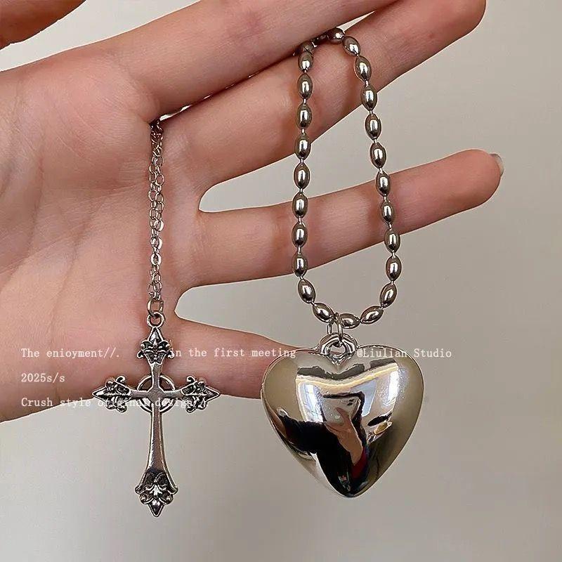 Korean Niche Design Silver Cross Necklace Female Long Clavicle Punk Retro Hottie Y2k Neck Jewelry