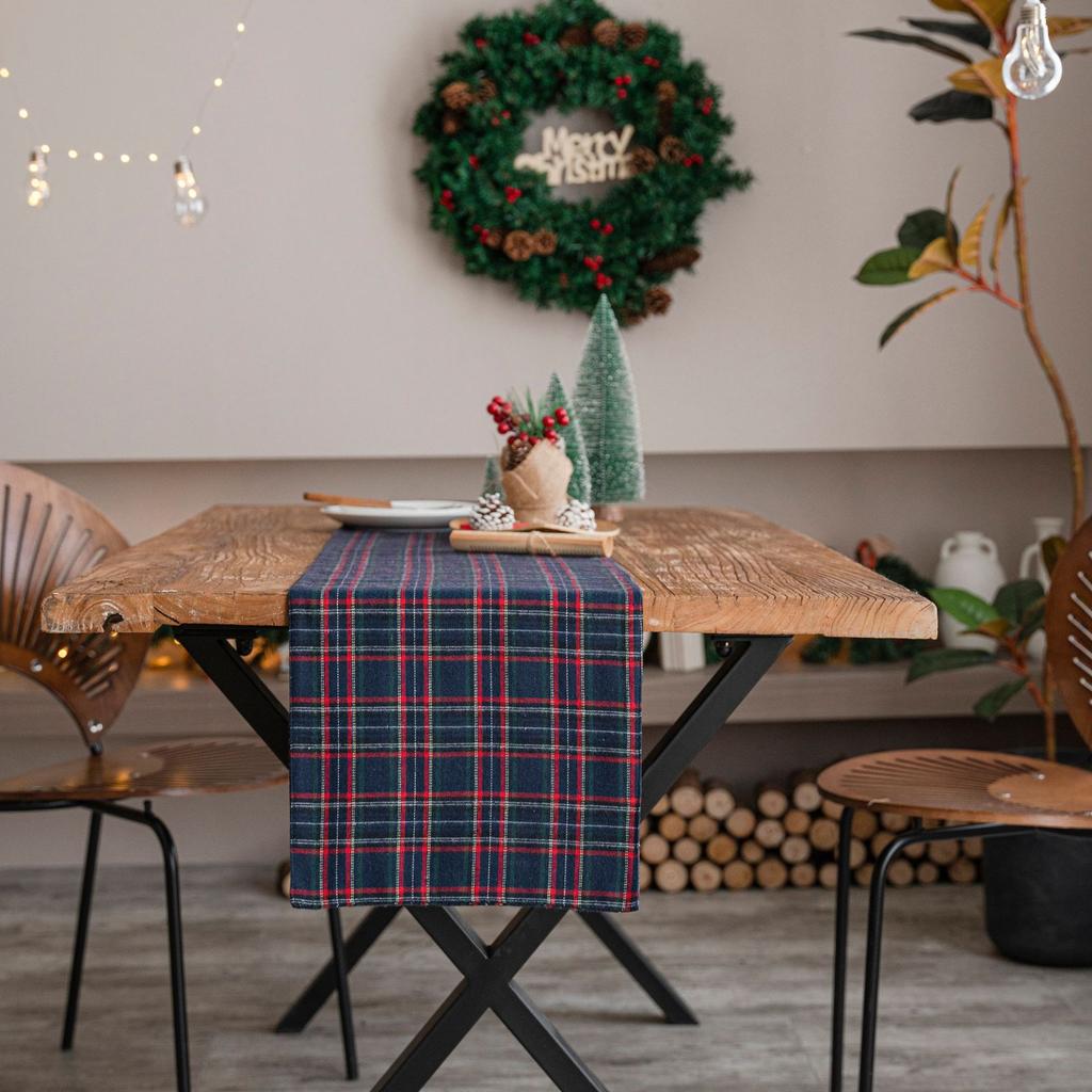 1pc Christmas Plaid Table Runner Cotton Linen Double Layer for Home Dinner Decor