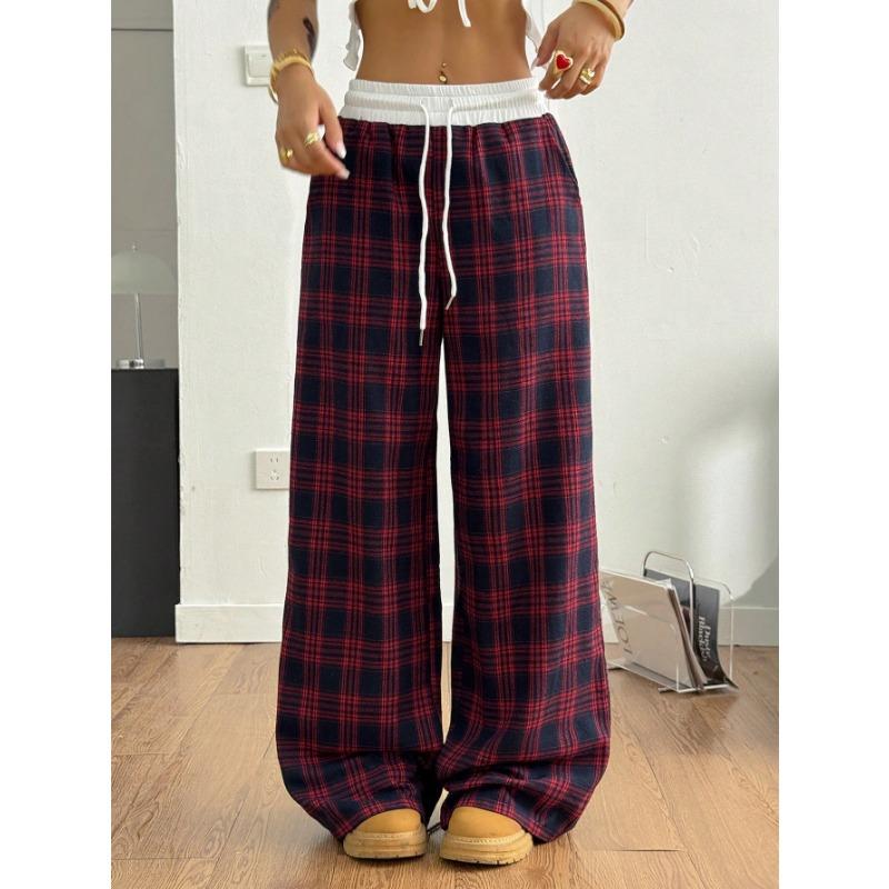 Women's Black White Plaid Wide-Leg Pants Elastic Waist Drawstring Casual Trousers