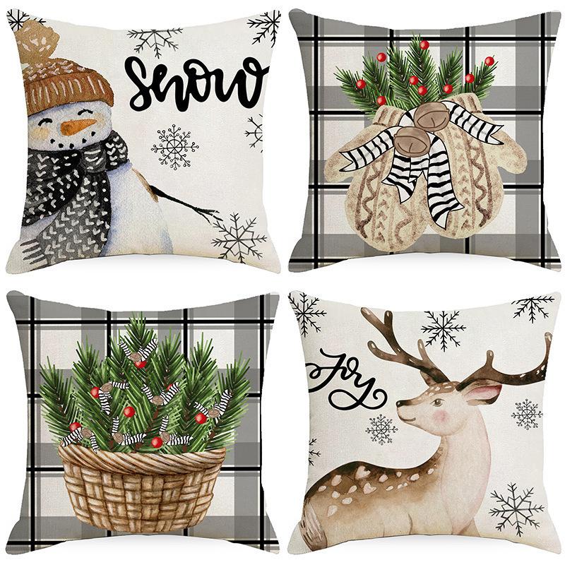 Festive Christmas Cushion Covers with Reindeer, Snowman, and Tree Designs - 45cm, Neutral Tones