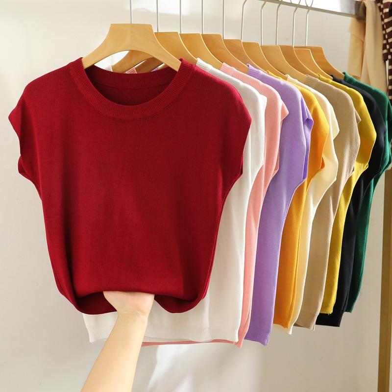 Summer Round Neck Knitted Casual Women's T-shirt Elegant Loose Ice Silk Thin Fit Solid Color Short Sleeve Tee Tops Ladies Simple Fashion T Shirt 3097