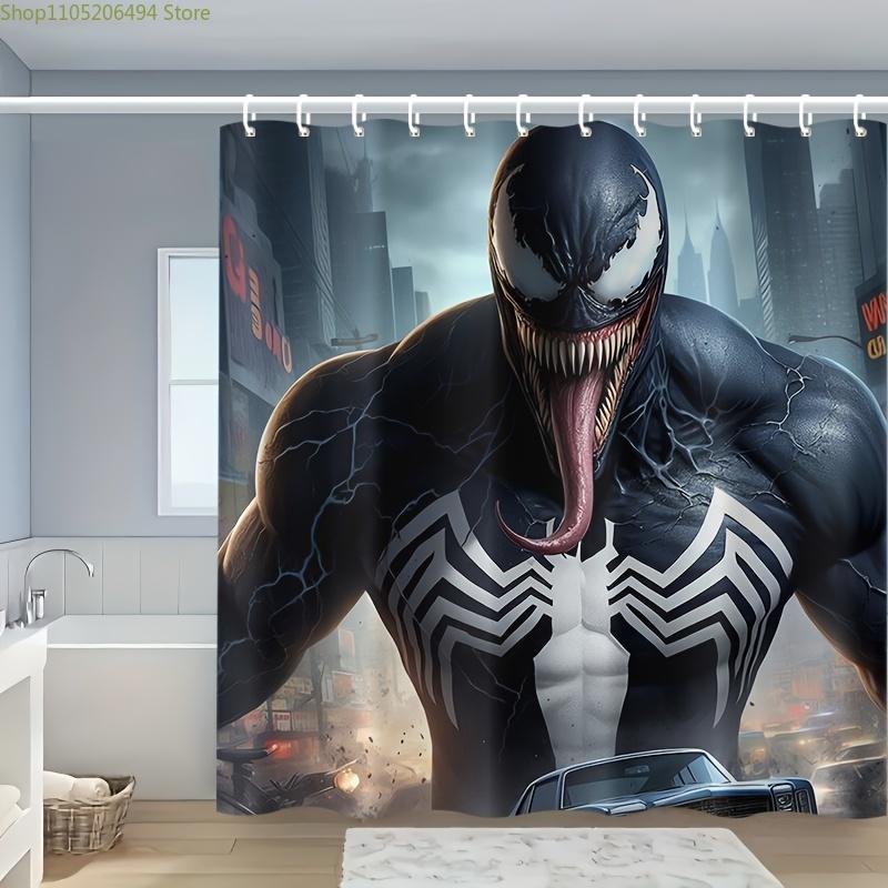 

1pc Marvel Venom Shower Curtain - Black Spider-Themed Design with Cityscape & Lightning Effects, Polyester, Machine Washable, 90x180cm