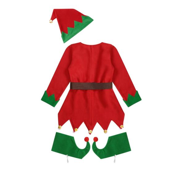 1 Set Christmas Elf Costume Kids Women Elf Outfit Red Green Dress Hat Striped Stockings Elf Ears Shoes Belt Set for Girls Christmas Parties Cosplay