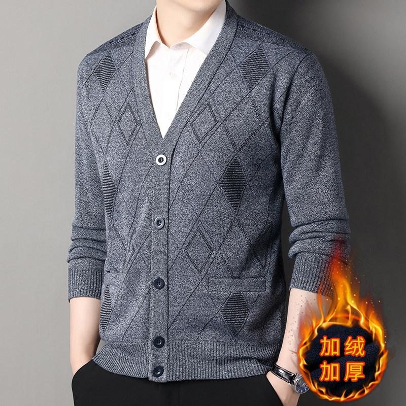 Trend Fashion Autumn Winter Sweaters Coats Men V-Neck Print Screw Thread Thicken Smart Casual Long Sleeve Cardigan Knitted Tops