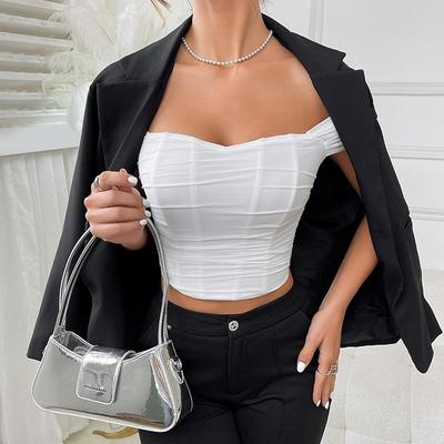 Fishbone Waist Cincher One-Shoulder Bandeau Camisole Tank Top with Short Sleeves and Beautiful Back Design for Women