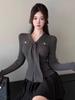 Korean V-Neck Lace-Up Slimming Pullover: Long Sleeve, Waist-Cinched, Plain Color Top for Women - High-End Autumn/Winter Style.