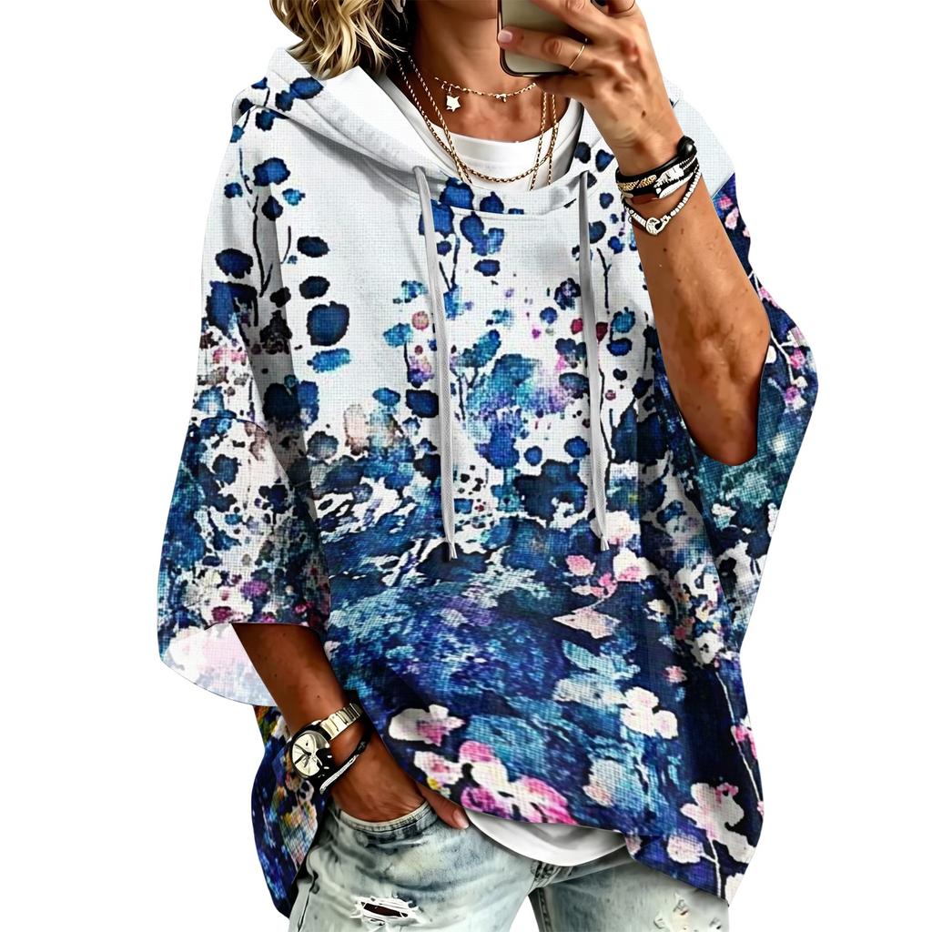 Women's Vintage Floral Print Hooded Pullover Top with Three-Quarter Sleeves for Casual Daily Wear