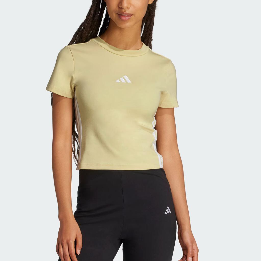Adidas Essentials Slim Striped Round Neck Pullover Fitted Short Sleeve T-Shirt Women T-Shirts Powder-Yellow White JE1246