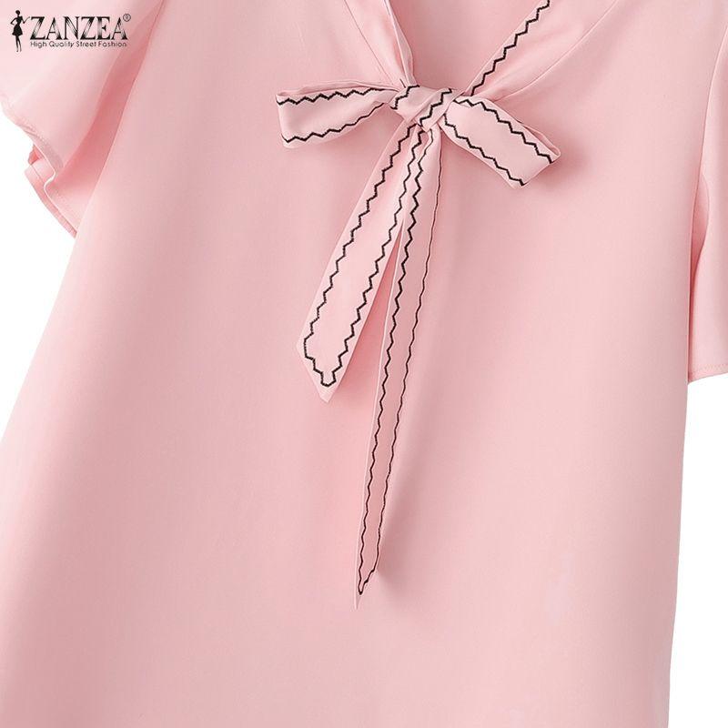 ZANZEA Womens Elegant V-Neck Tie Bow Stitching Short Sleeve Casual Loose Blouse Tops