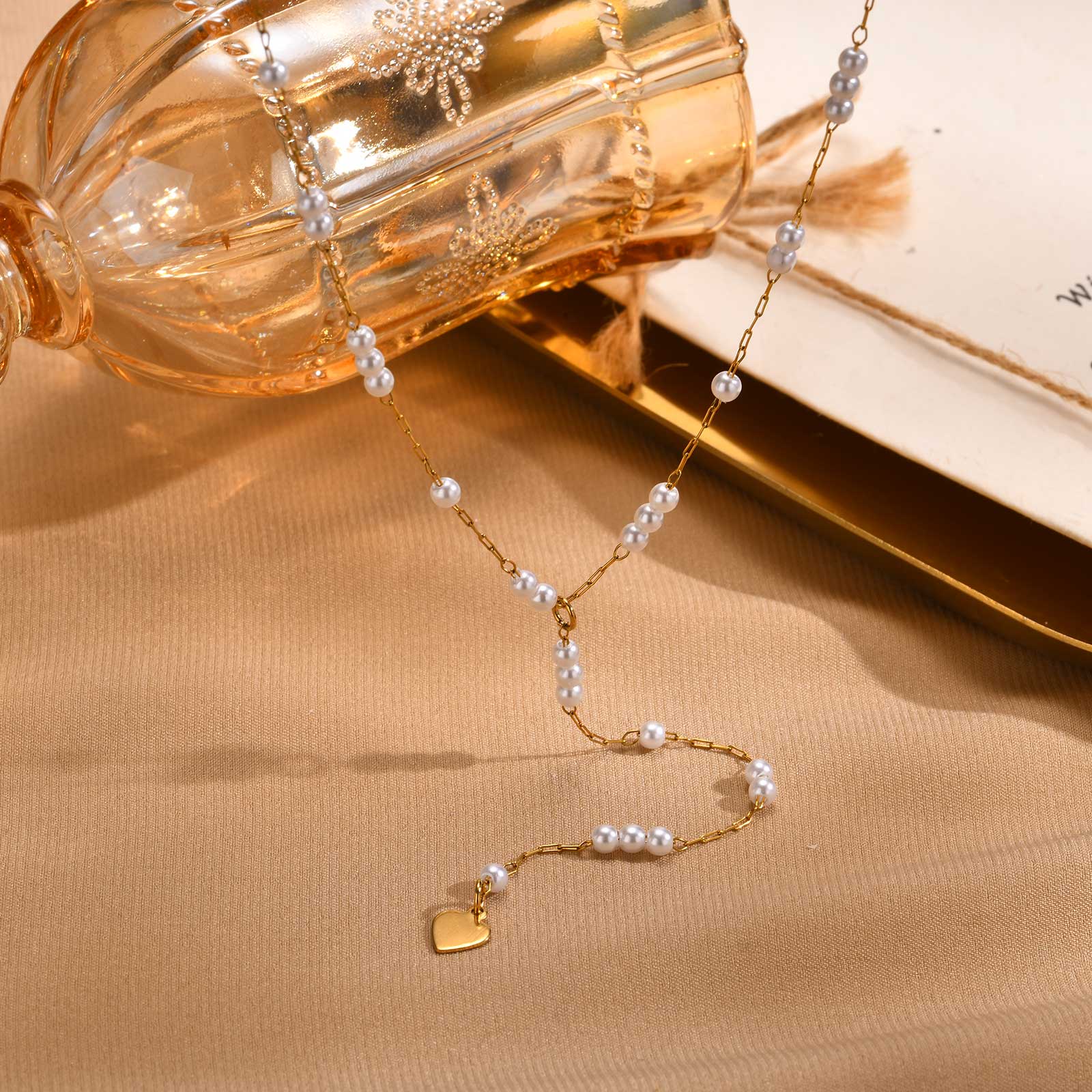

Imitation Pearl Y Shape Necklace for Women Gold Color Stainless Steel Necklaces Heart Pendant Jewelry Valentine s Day Gifts