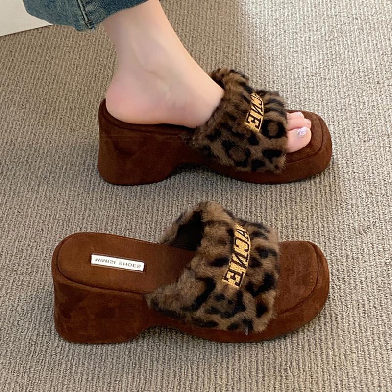 Fur High Heels Women Slippers Leopard Elegant Shoes Heeled Sandals  Autumn Luxury  Slides Party Pumps Snow Mujer Botas