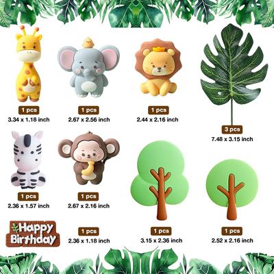 Safari Džungle Zvířata Dortový Topper Lev Žirafa Slon Zebra Opice Stromy Listy pro Narozeniny Baby Shower Party Potřeby