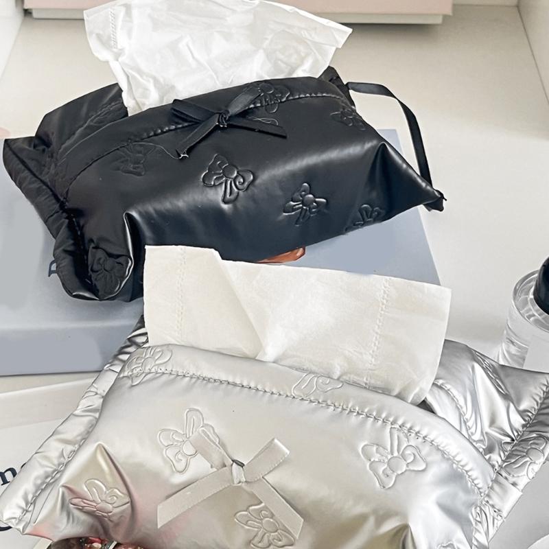 PU Tissue Holder with Ribbon Detail, Decorative Tissue Cover Bag with Upper Opening for Coffee Table Daily Home Use
