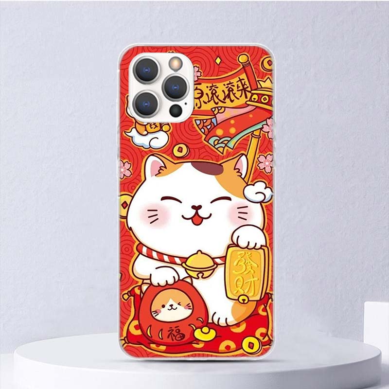 Lucky Cat Maneki Neko Japanese Soft Case For iPhone 16 17 Air 16E 15 Plus 11 12 13 Mini 14 Pro Max Phone Cover Apple 7 8 SE Coqu