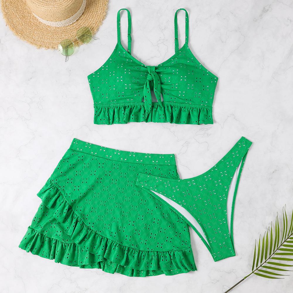 Multi-color Korean New Solid-color Girl Swimsuit Pure Desire Wind Bath Hot Spring Three-piece Skirt Split Bikini