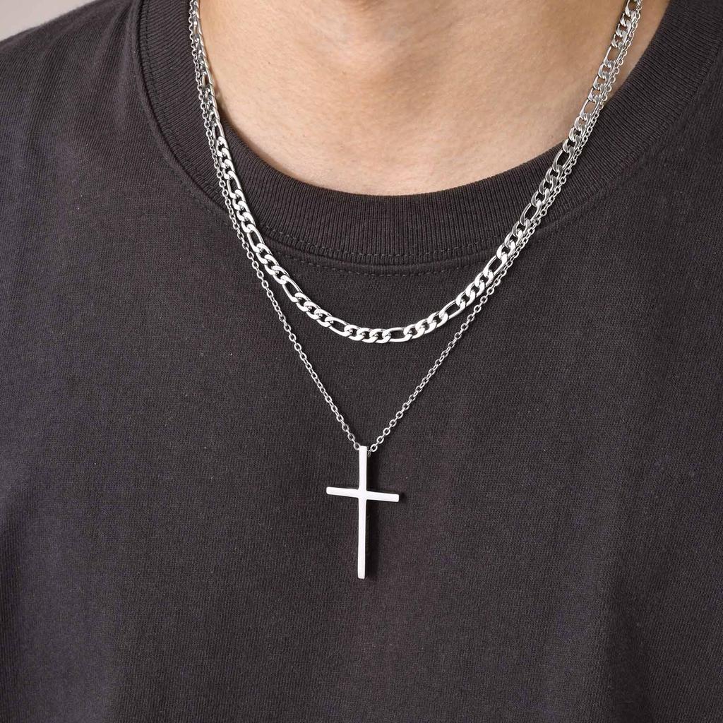 Collane a Strati con Croce Vnox per Uomo, Collane a Catena Cubo Corda Cuban Box, Collare a Collana Stratificato Fede Gesù Cristo