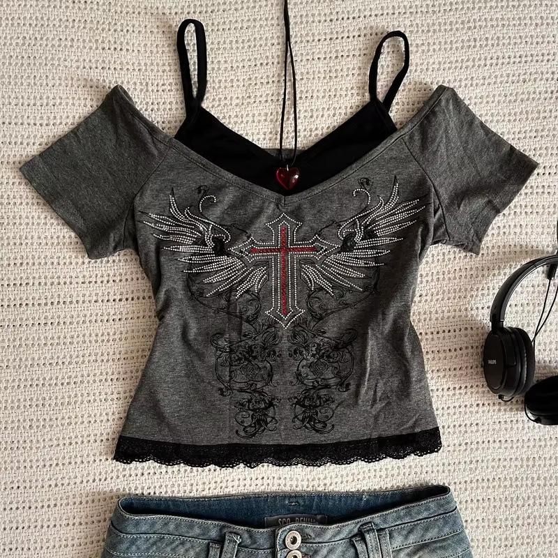 T-shirt Set Estivo Gotico con Fantasia Europea e Americana - Tendenza INS - Manica Corta da Donna