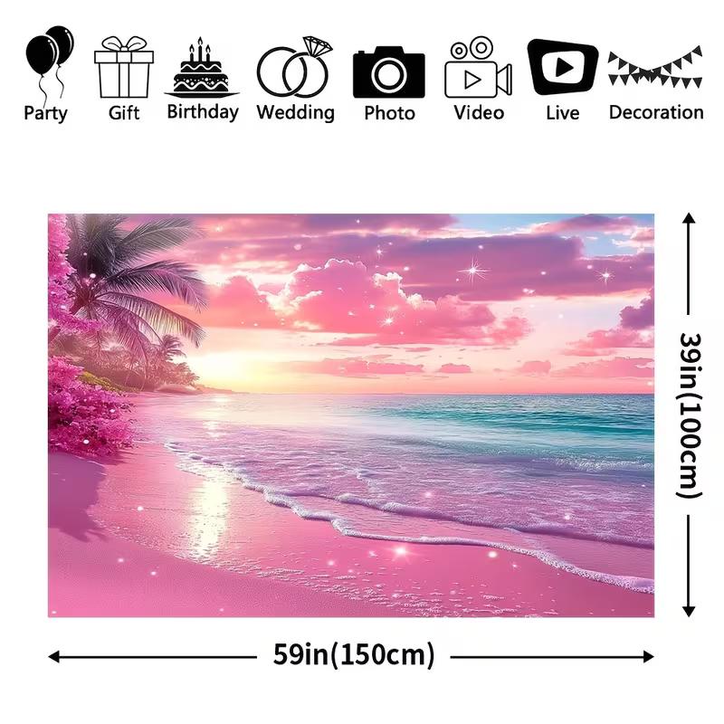 2D Flat Glitter Pink Beach Banner Tropical Paradise Themed Backdrop for Vacation & Summer Decor