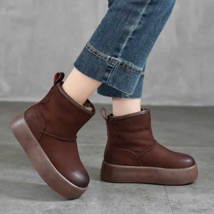 Johnature Genuine Leather Thick Soled Snow Boots Round Toe And Thickened Plush Warm Women's Cotton Boots