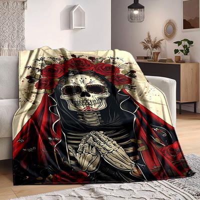 1pc Sugar Skull Blanket - Lightweight Flannel Fleece with Digital Printing, Soft Warm for Sofa, Travel, Camping, Office Yy251018317