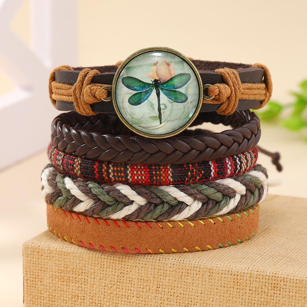 Bohemian Wood Bead Leather Bracelet Set, Vintage Turquoise Heart Charm Stackable Bracelet for Women, Casual Beach Jewelry