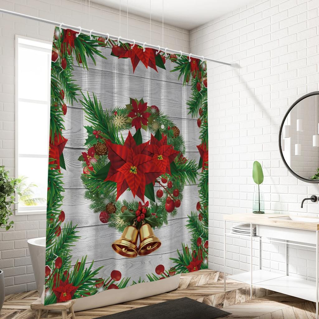 1PC Christmas themed pattern shower curtain, pine needle flower pattern,waterproof, with 12 hooks, for bathroom shower, home u