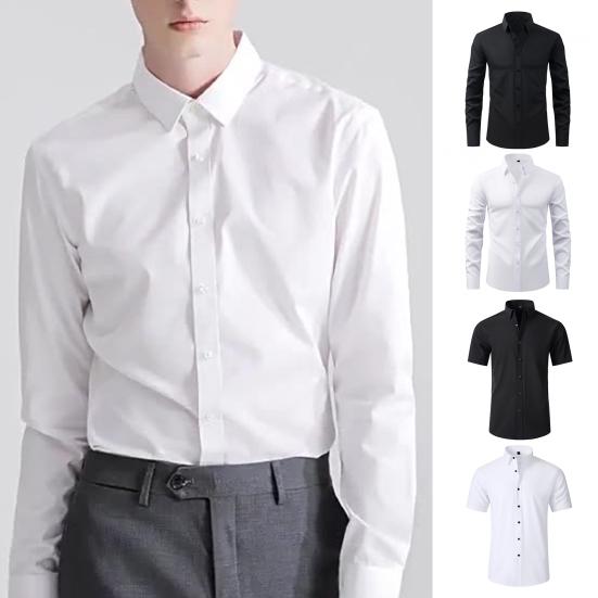 Men Stretchy Dress Shirt Slim Fit Solid Color Lapel Button-down Shirt Wrinkle-Free Short-sleeve Long Sleeve Business Shirt for Work Party Dating