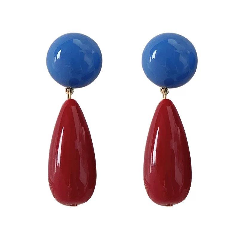 Retro Hong Kong Style Red and Blue Contrasting Color Water Drop Earrings Temperament Ins High-end Stud Earrings Women's New Earrings Earrings