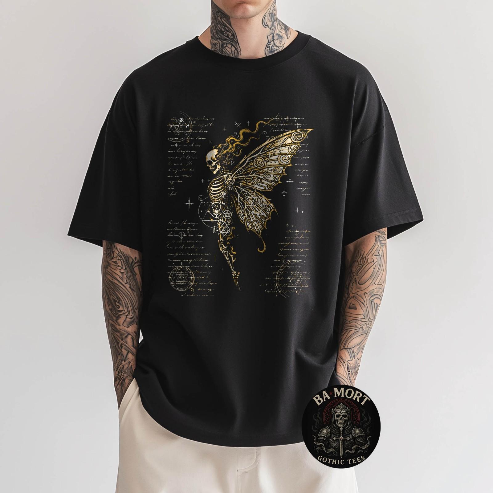 Skeleton Fairy Moth Occult Symbols Dark Gothic Art Black T-Shirt S