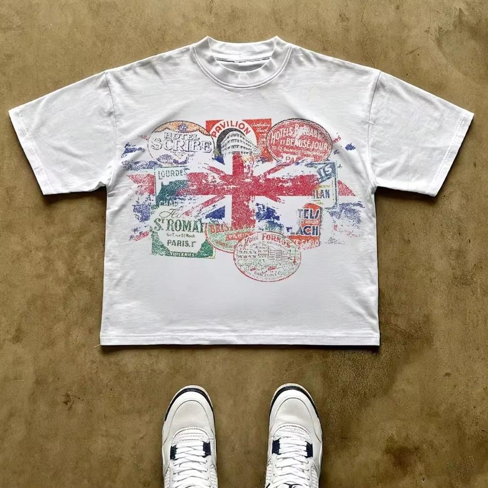 Classic Distressed Vintage Travel Postage Stamp Collage Oversized Tshirt Cotton Graphic Tee Unisex Unisex Summer Streetwear