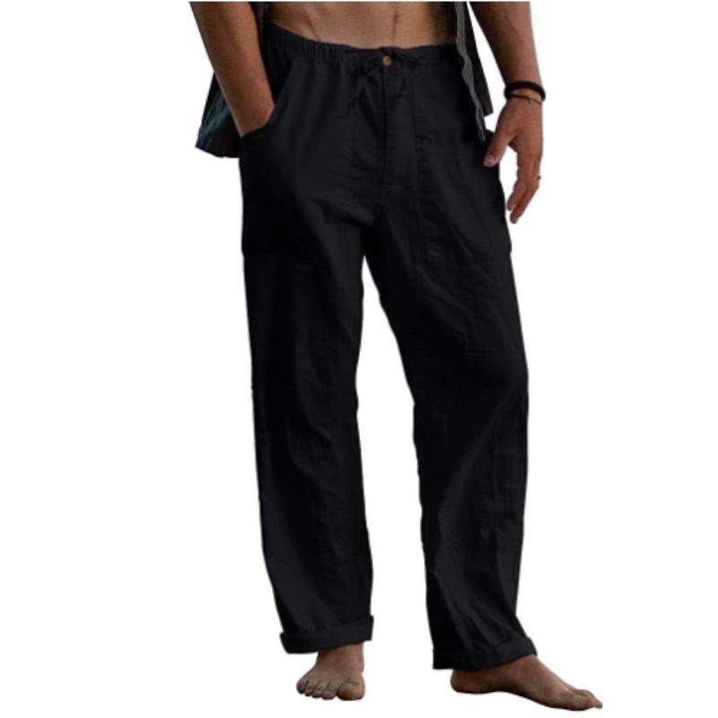 Men's linen drawstring casual pants summer solid color beach trousers loose sports casual cotton and linen trousers