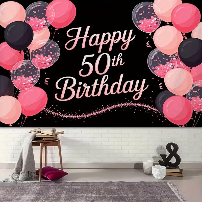 2D Black Pink Glitter 50th Birthday Backdrop with Confetti Balloons for 50th Birthday Party Photo Booth