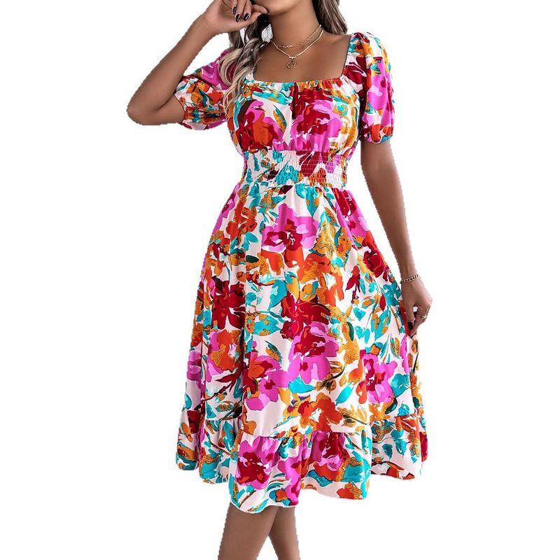 Ruffle Edge Dress2025 Spring/Summer European and American Women clothes Flower Square Collar Short sleeve Waist Hugging Frill A- line Skirt