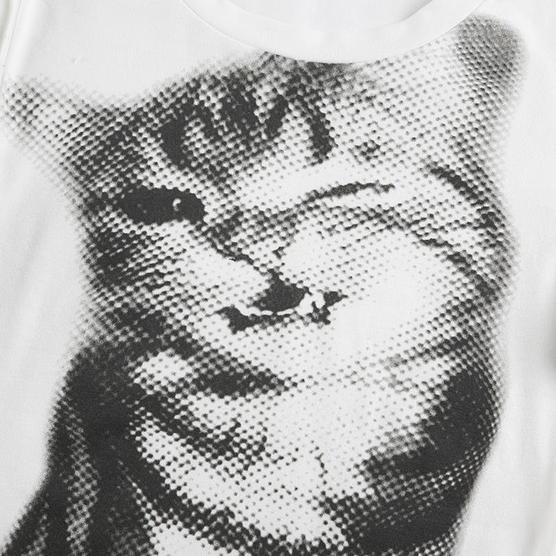 Harajuku Mosaic Cat Print Oříznutý Top Ležérní Základní Trička s dlouhým rukávem Crew Neck Přiléhavá trička Y2K